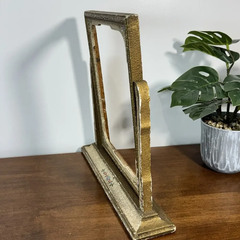 Antique Gold & Cream Floral Vanity Swivel Picture Frame Stand Desktop Dresser